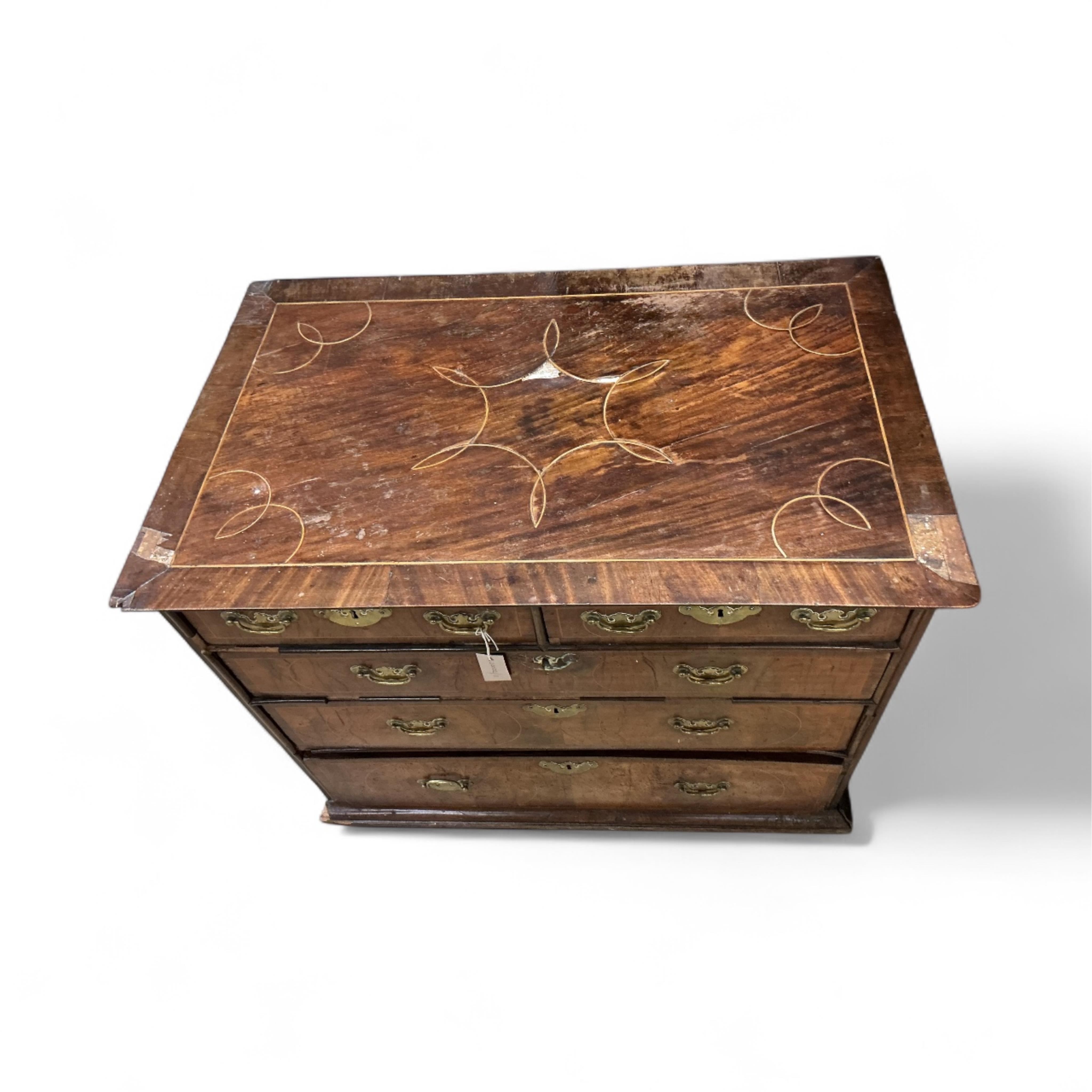 An early 18th century inlaid walnut chest, width 95cm, depth 59cm, height 77cm